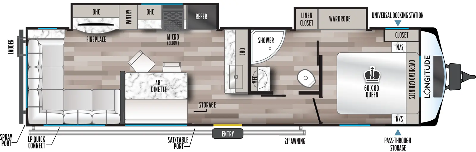 The 310RL has two slideouts and one entry. Exterior features front pass-through storage with universal docking station, 21 foot awning, satellite/cable port, LP quick connect, and rear ladder. Interior layout front to back: foot-facing queen bed with overhead cabinets, nightstands on each side, and off-door side closet, and wardrobe slideout with linen closet; off-door side pass-through full bathroom with medicine cabinet; kitchen counter with sink and overhead cabinet along inner wall; off-door side slideout with refrigerator, microwave, cooktop with air fryer below, kitchen counter with overhead cabinet, pantry, fireplace, TV and overhead cabinet; door side entry, dinette with bench, seats and storage, and rear sofa that wraps from door side around the entire rear.